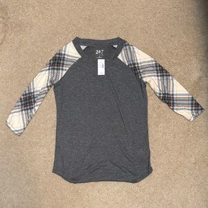 247 Gray Women's Long Sleeve Tee with Plaid Sleeves